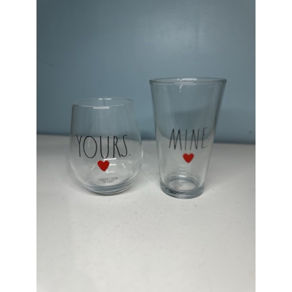 Rae Dunn Other - Rae Dunn By Enchante "YOURS" "MINE" Set of 2 Stemless Wine Glass And Beer Glass